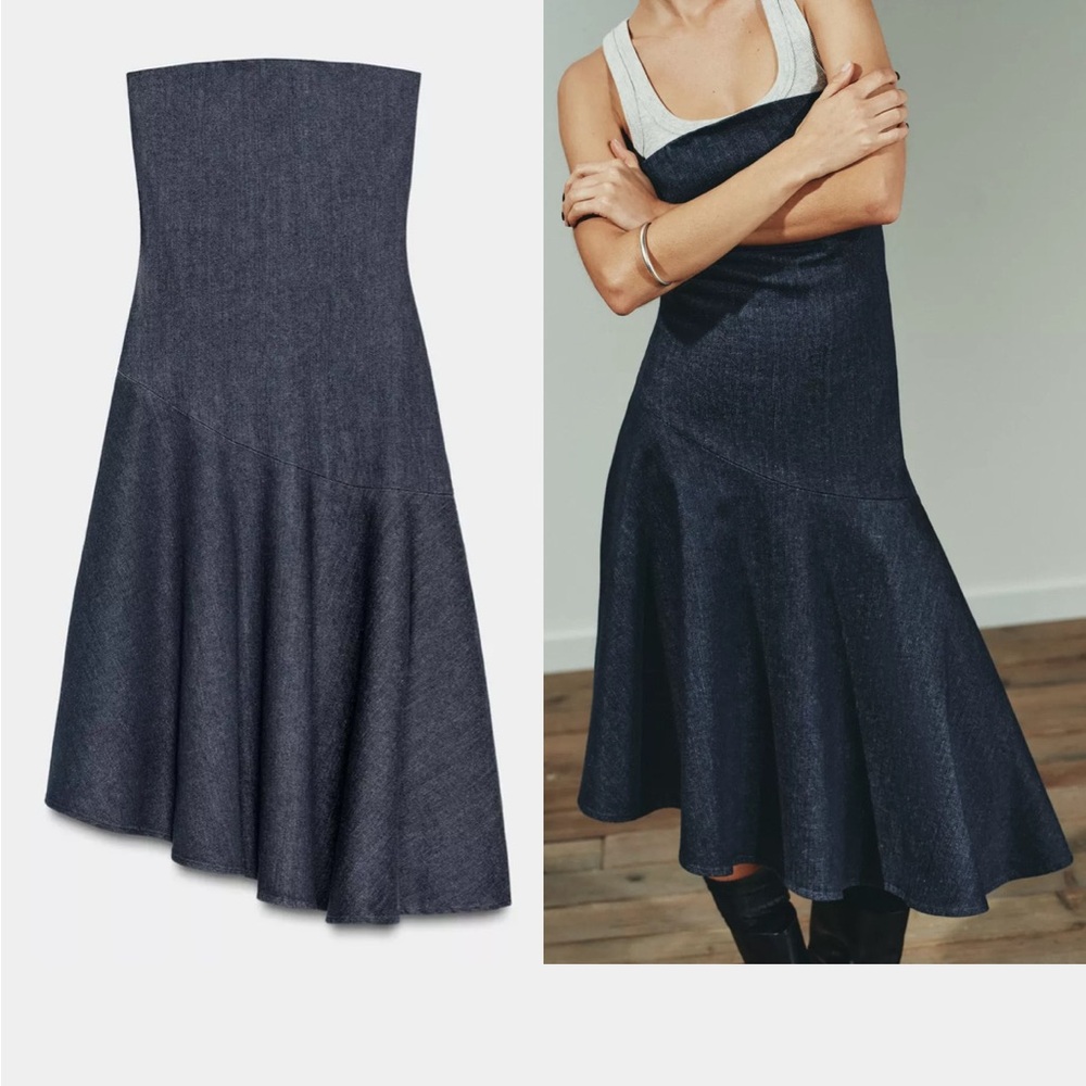 Zara NWT dark denim blue asymmetric hem strapless tube midi dress - Picture 1 of 13